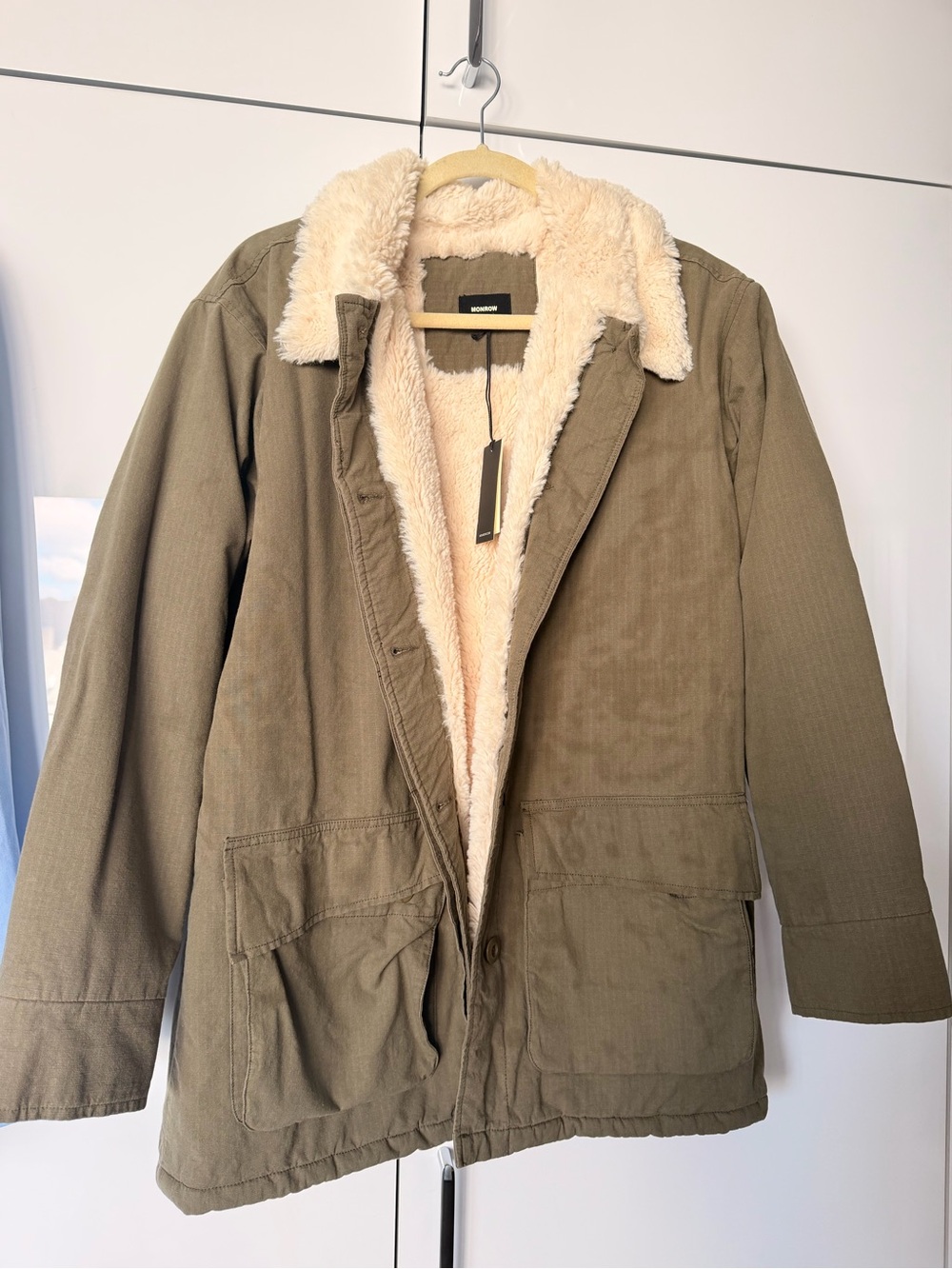Monrow Olive Utility Jacket with Cream Sherpa Lining